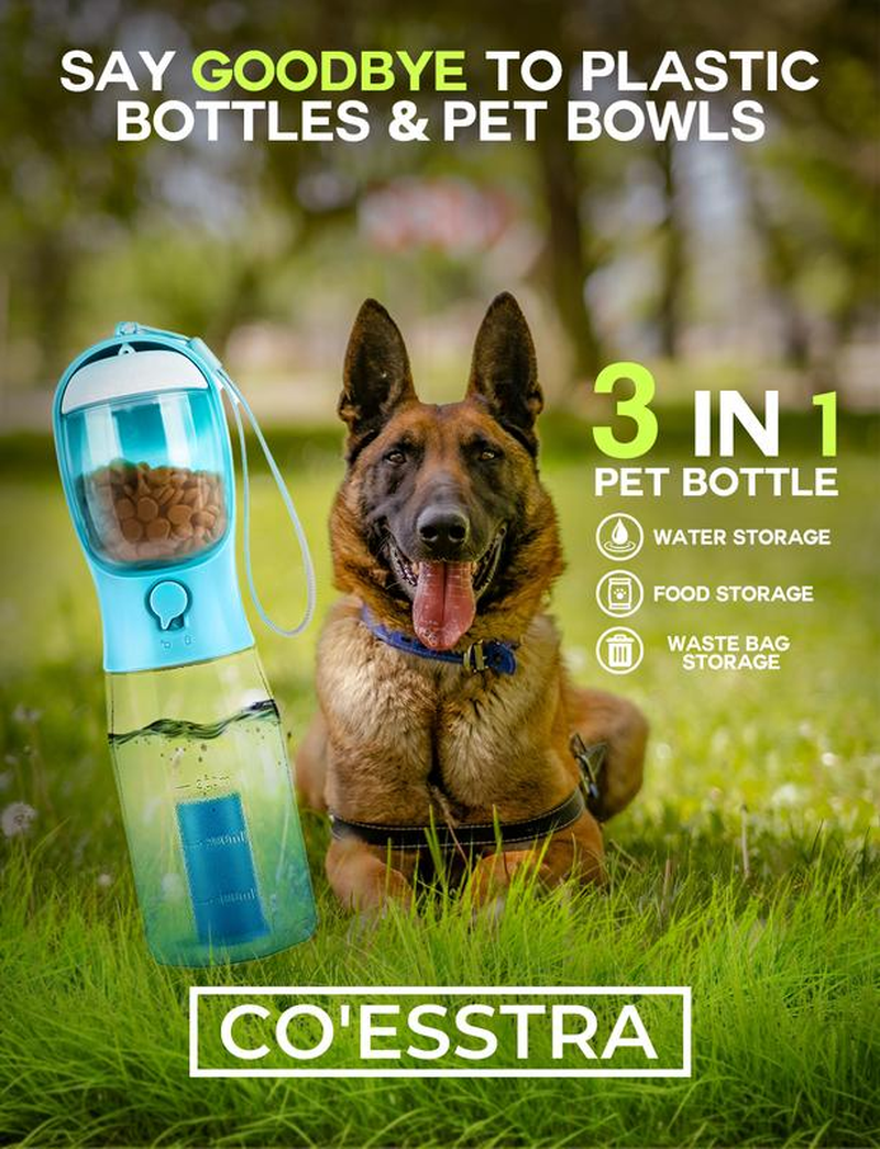 3In1 Pet Water Bottle - Portable 20Oz Leak Proof Container with Poop Bag Dispenser